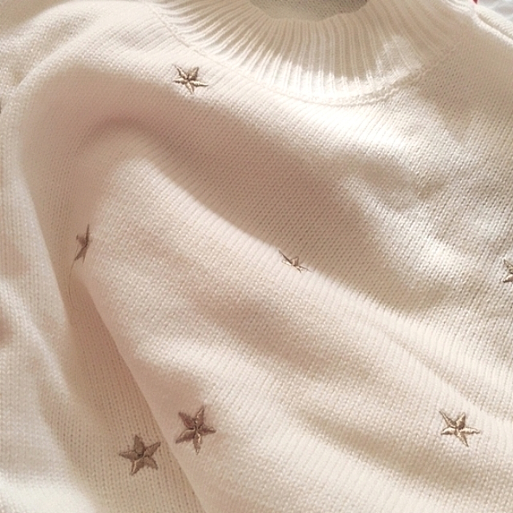 Boho Chic Spring Coastal Pullover Oversized Embroidered Gold Stars Sweater New - Picture 7 of 10